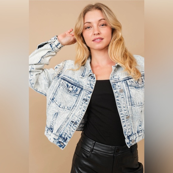 Blue B Embellished Light Wash Denim Cropped Jacket - Picture 2 of 3